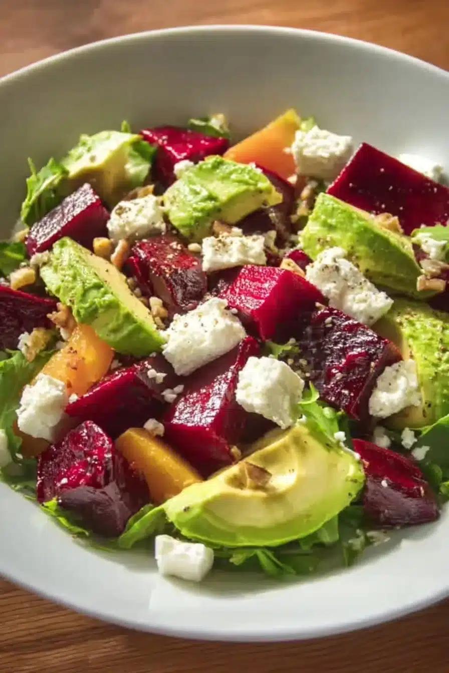 Salade de betteraves rôties avec avocat et feta dans un bol coloré.