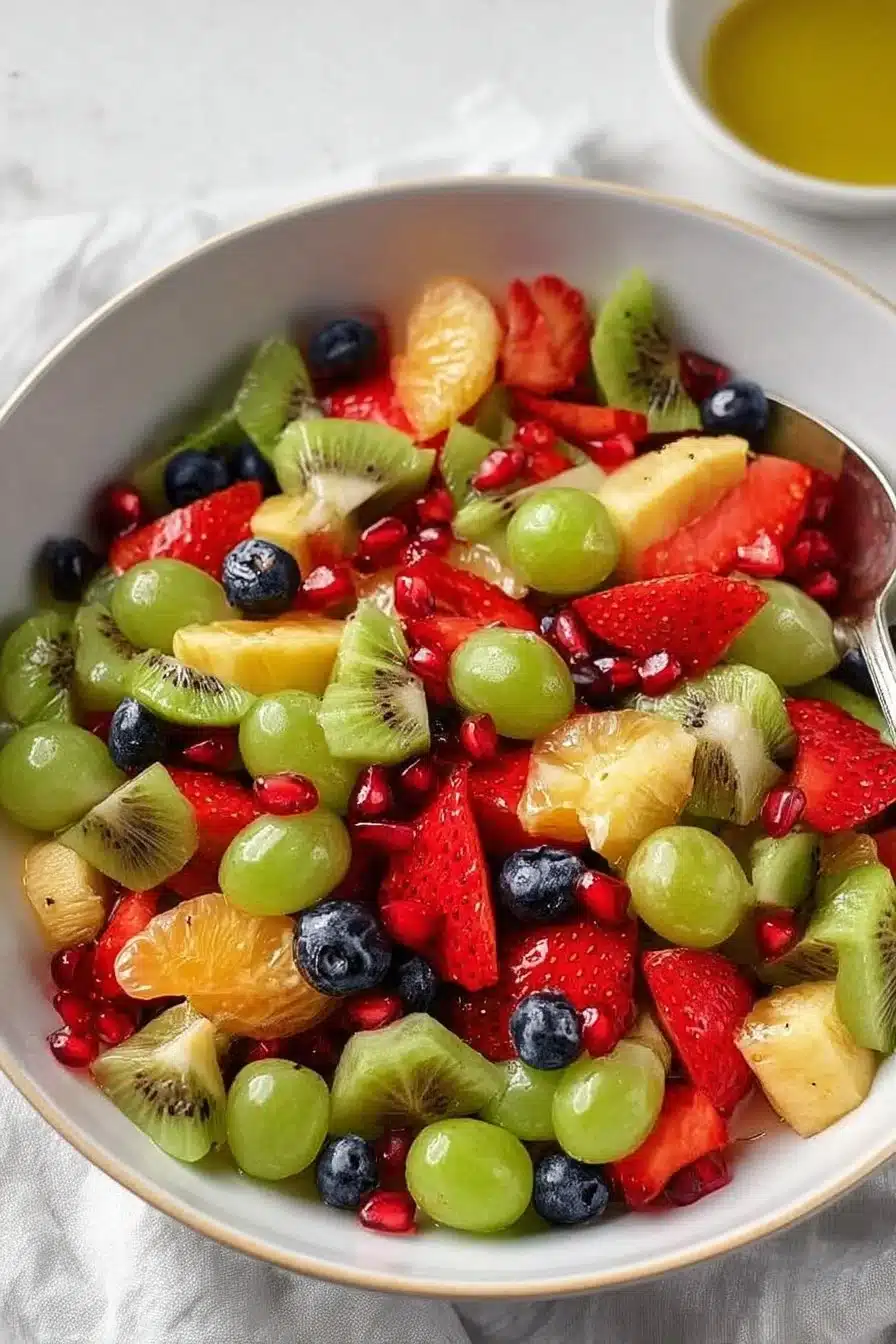 Salade de fruits au miel et au citron vert servie dans un bol.