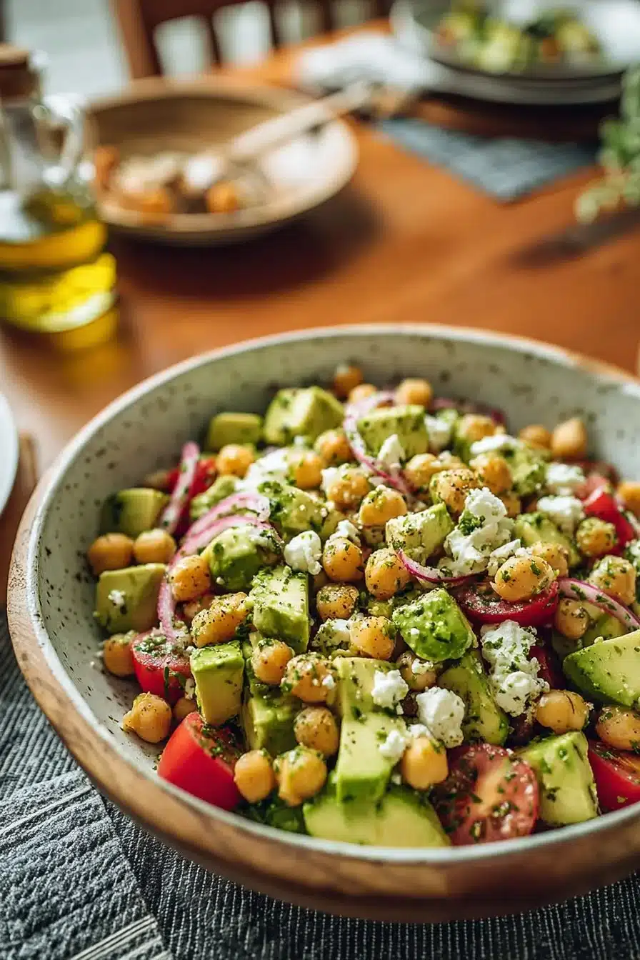 Salade de pois chiches avec feta et avocat, un plat sain et délicieux