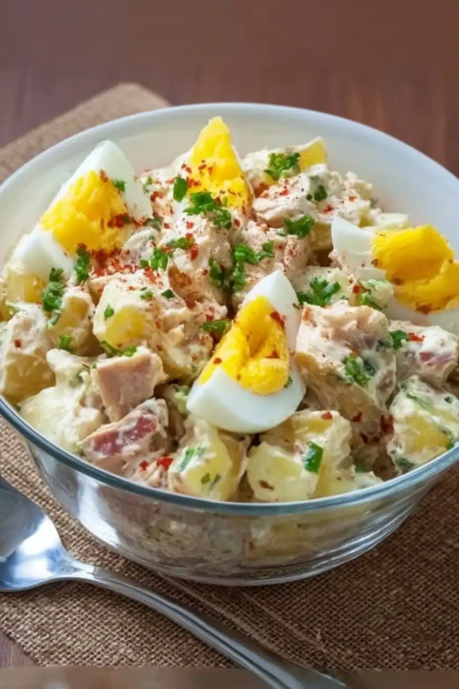 Salade de pommes de terre au thon et aux œufs frais dans un plat coloré