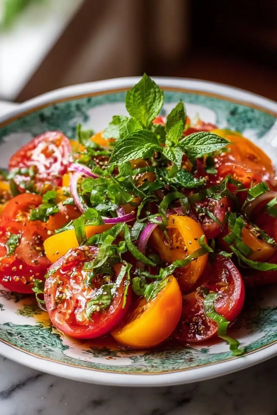 Salade de tomates au basilic d'été, fraîche et colorée pour l'été.