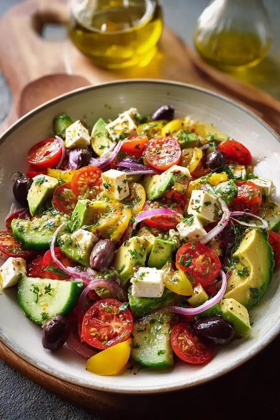 Salade méditerranéenne à l'avocat épicée, garnie de légumes frais et d'épices.