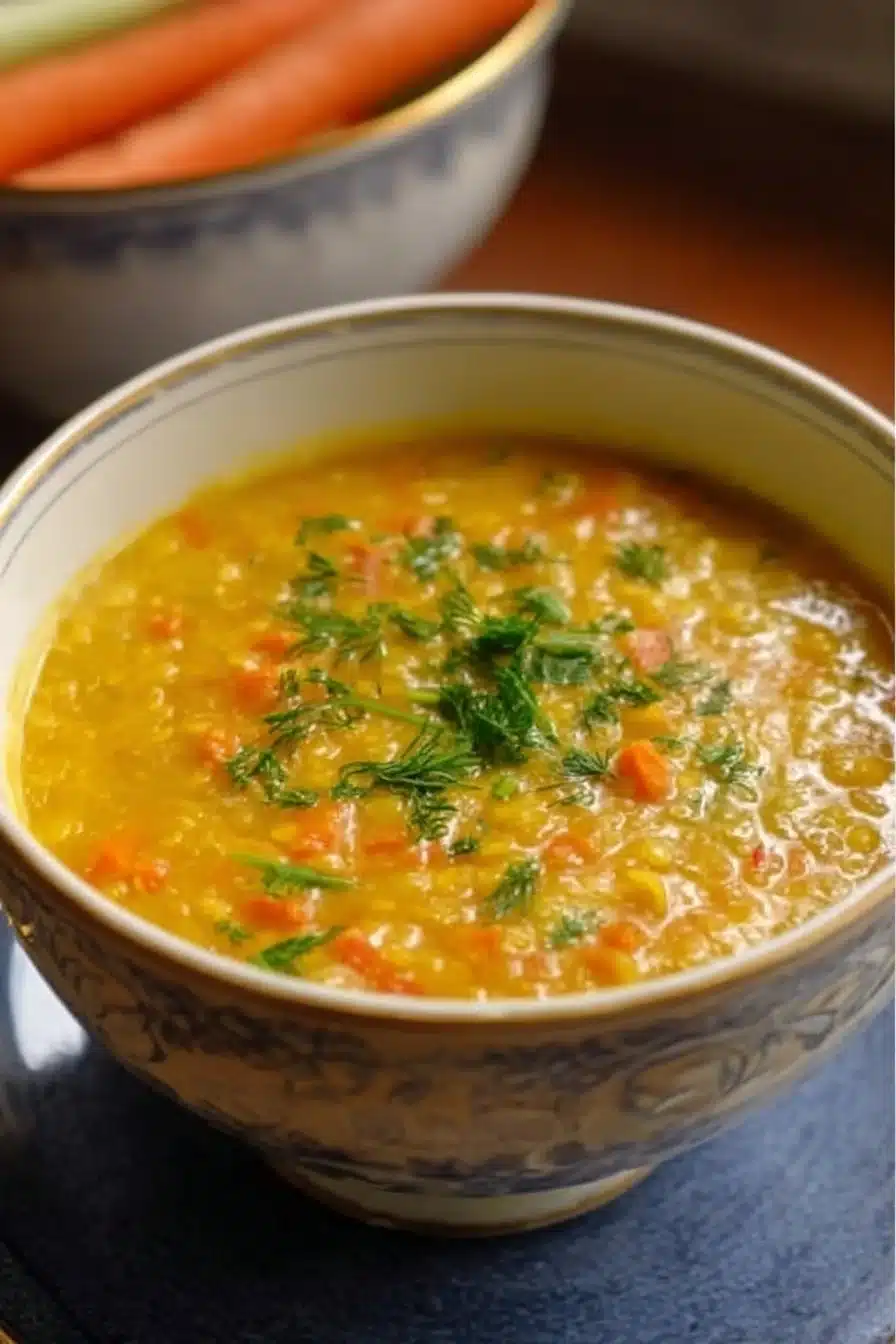 Soupe de lentilles corail avec carottes et poireaux dans un bol.