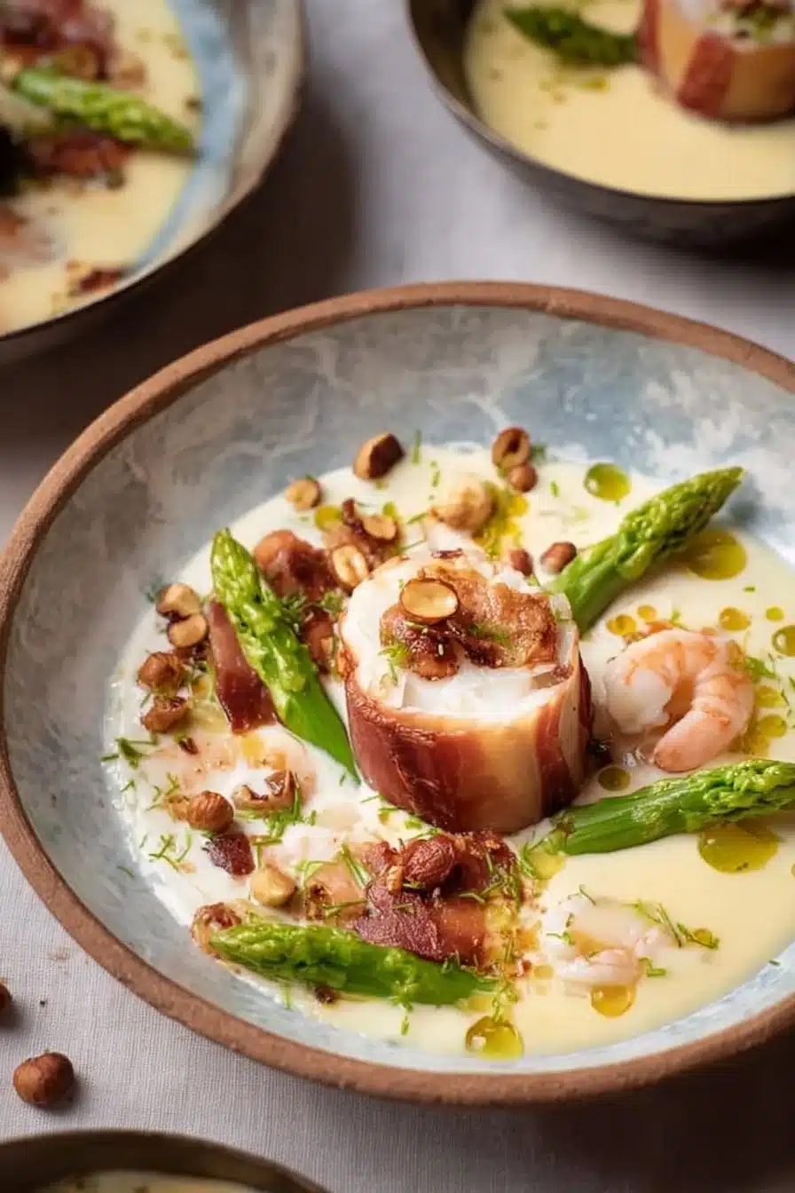 Tournedos d'Asperges et Gambas, plat gourmet coloré et appétissant