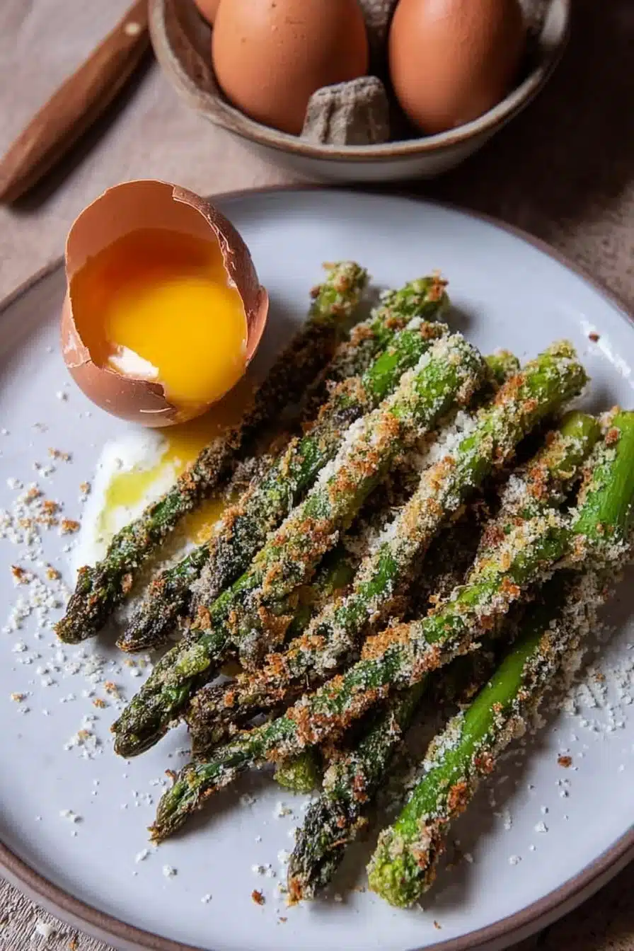 Asperges croustillantes au parmesan accompagnées d'œufs