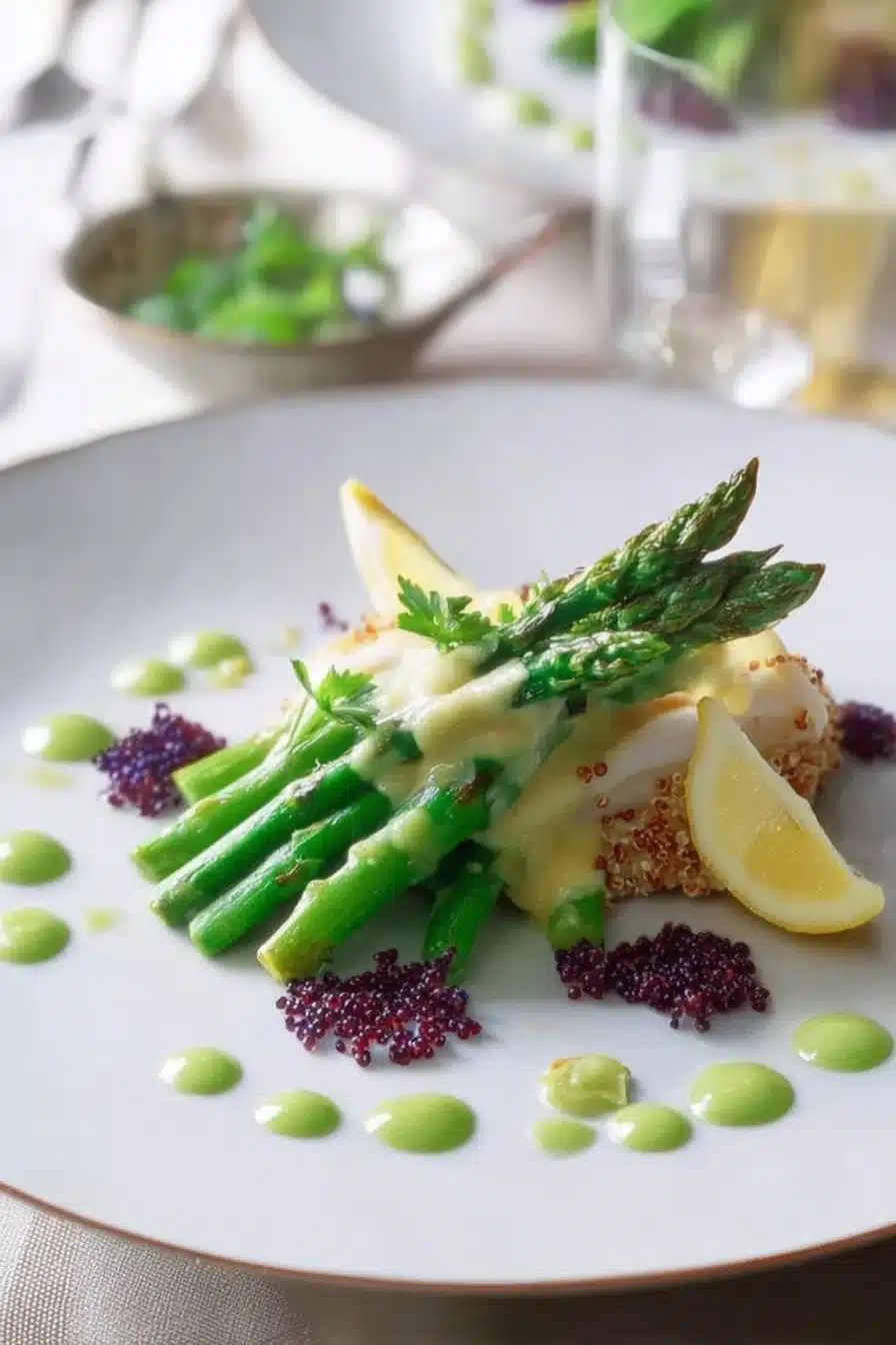 Asperges vertes avec quinoa et sabayon citronné, un plat délicieux et élégant.