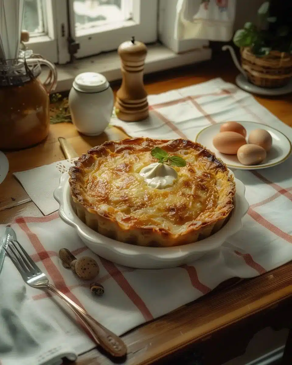 Pâté de Pâques Berrichon servi avec garnitures et décorations de fête.