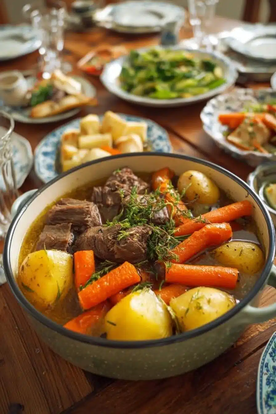 Pot-au-feu traditionnel dans un pot en terre cuite, garniture de légumes et viande.