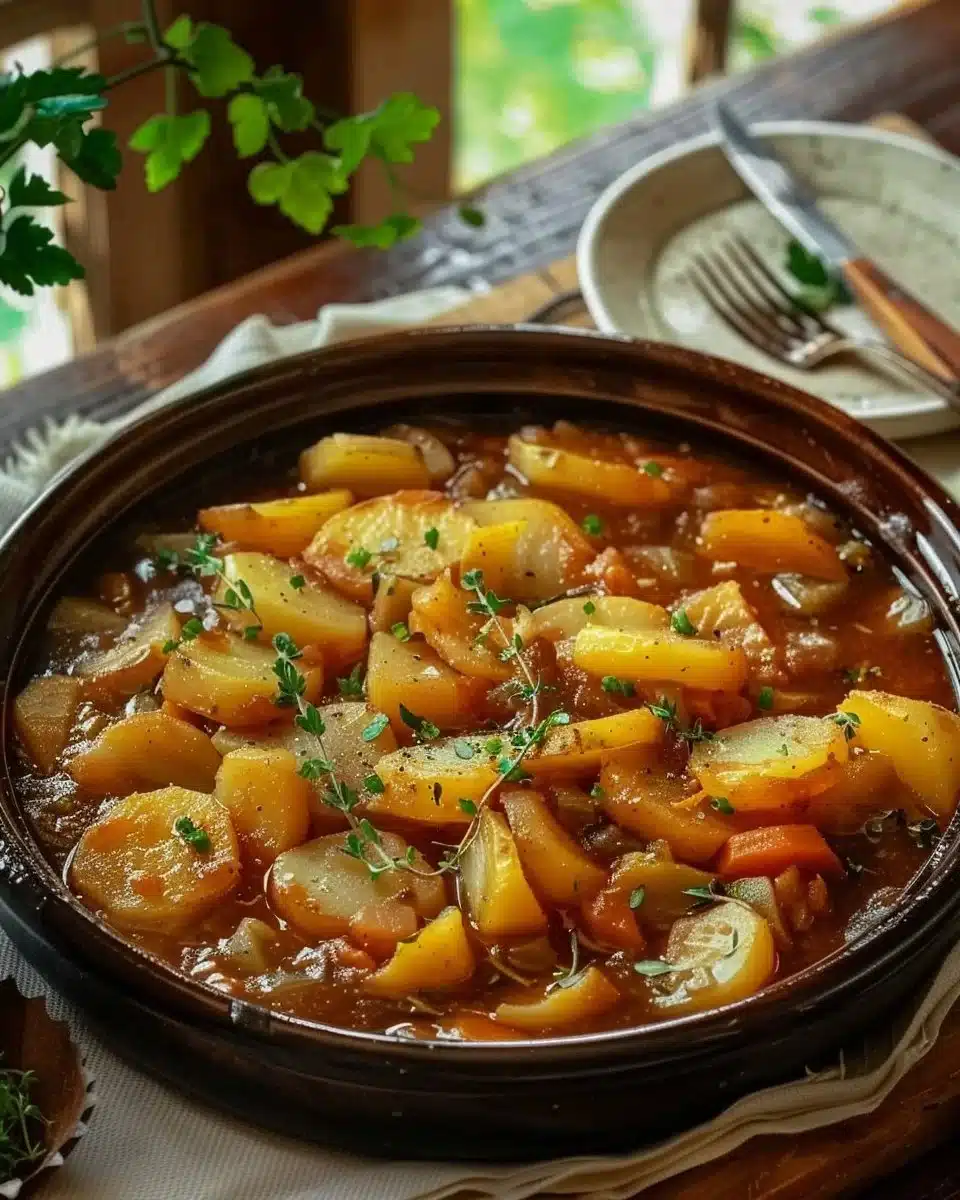 Ragoût de pommes de terre à l'ancienne servi dans un plat en céramique