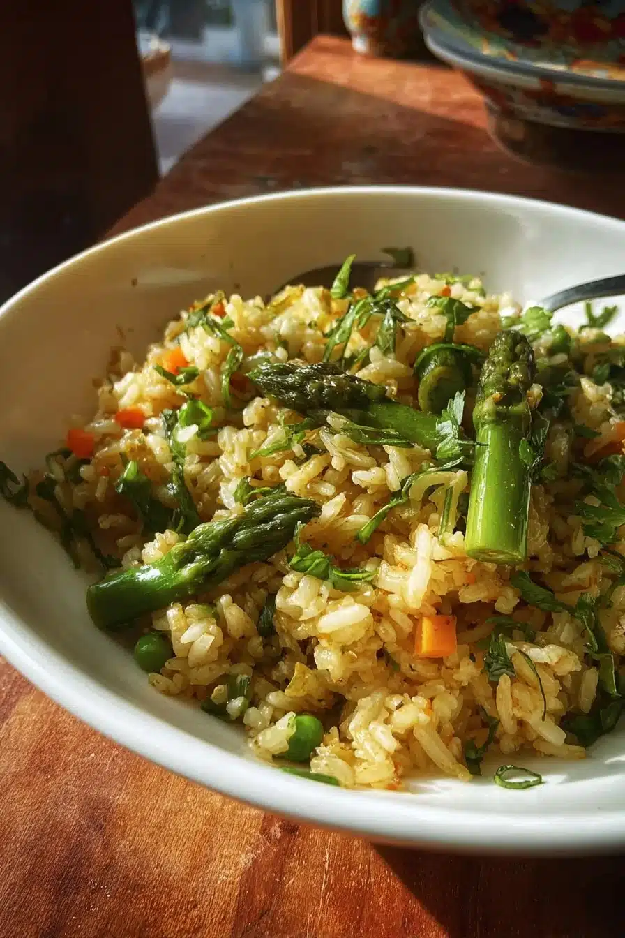 Riz sauté aux légumes de printemps colorés et savoureux