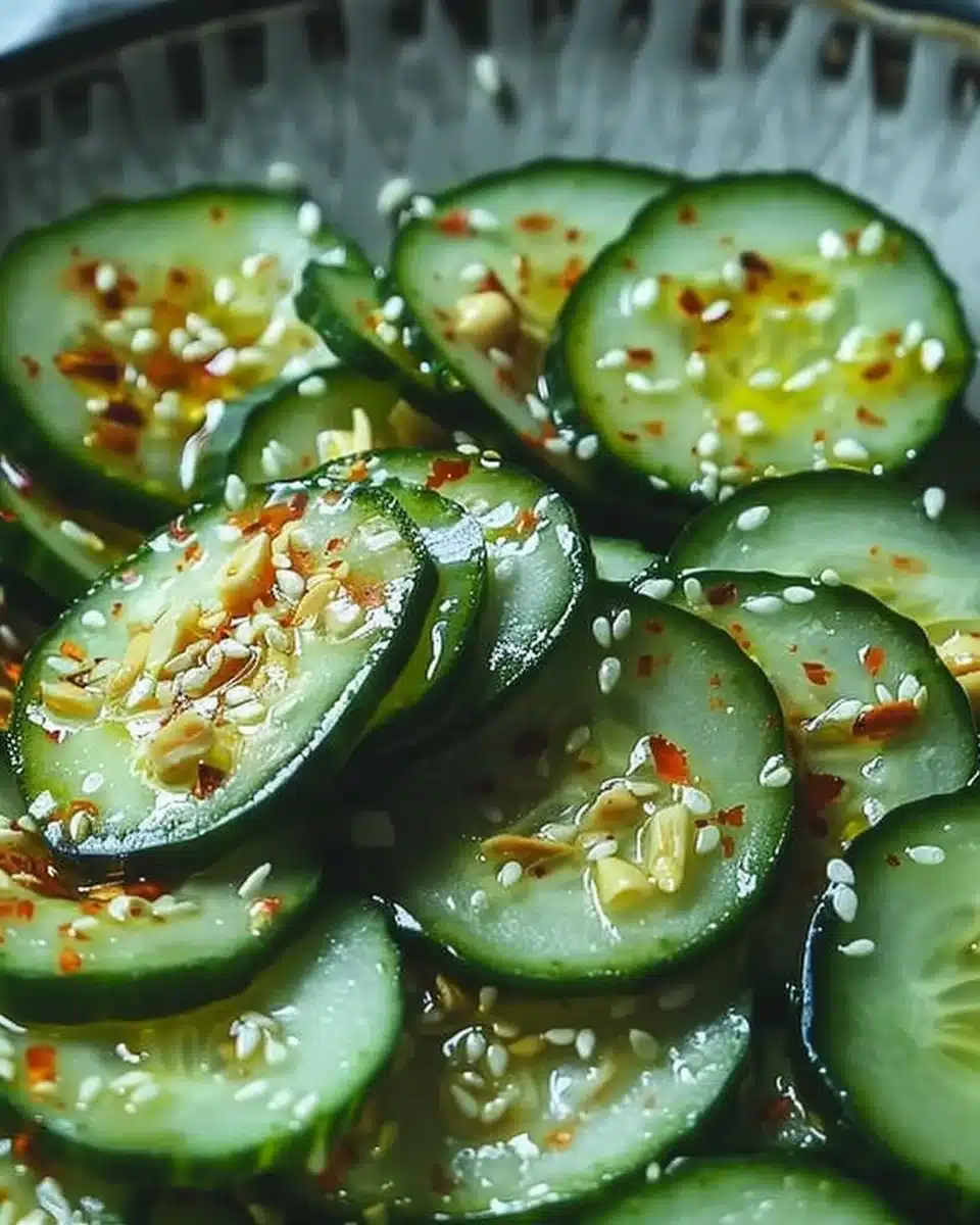 Salade concombre asiatique préparée avec des légumes frais et une vinaigrette savoureuse.