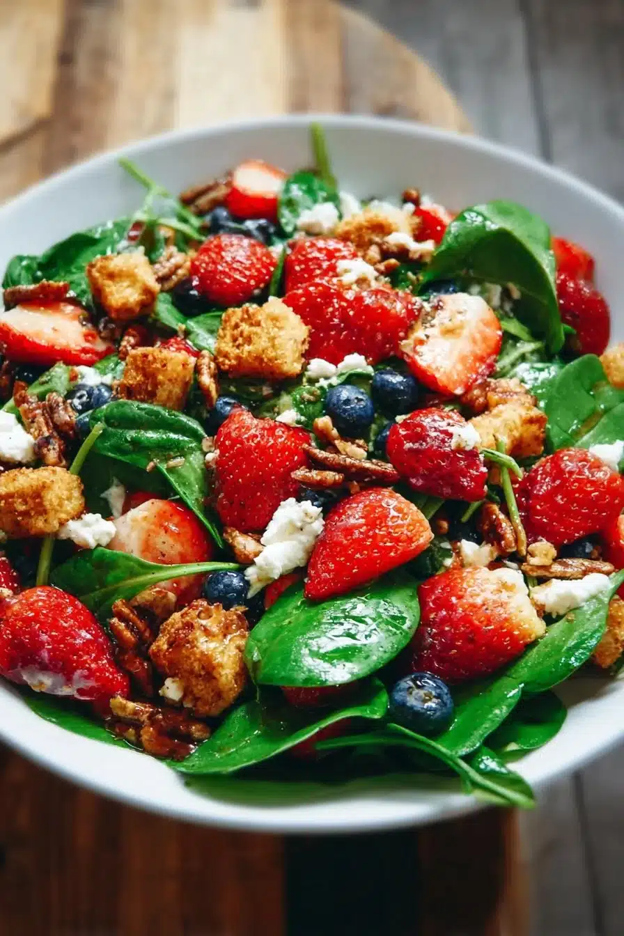 Salade de fraises et épinards garnie de noix et de vinaigrette