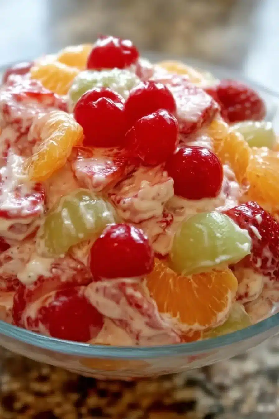 Salade de Fruits Crémeuse de Maman servie dans un bol coloré, avec des fruits frais.