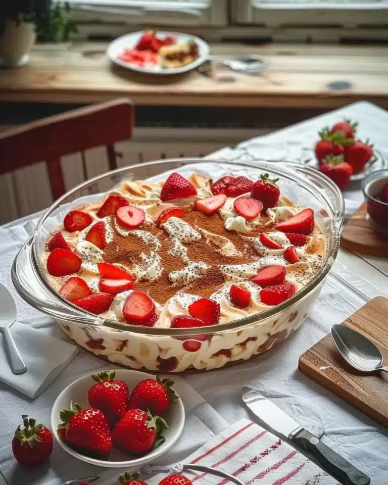 Tiramisu crémeux aux fraises sur une assiette, décoré de fraises fraîches