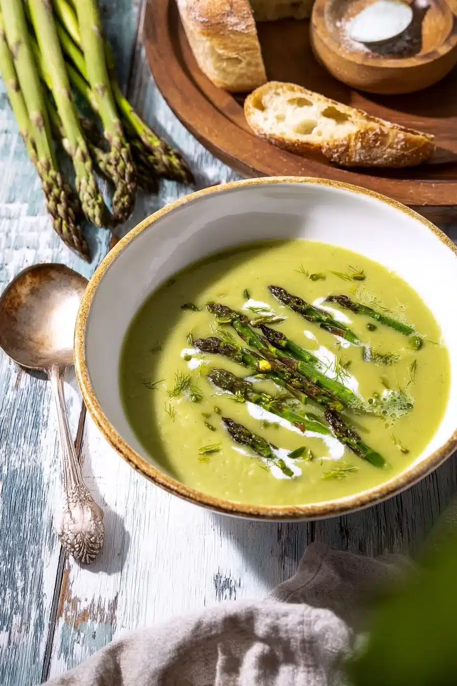 Velouté crémeux d'asperges vertes servi dans un bol élégant