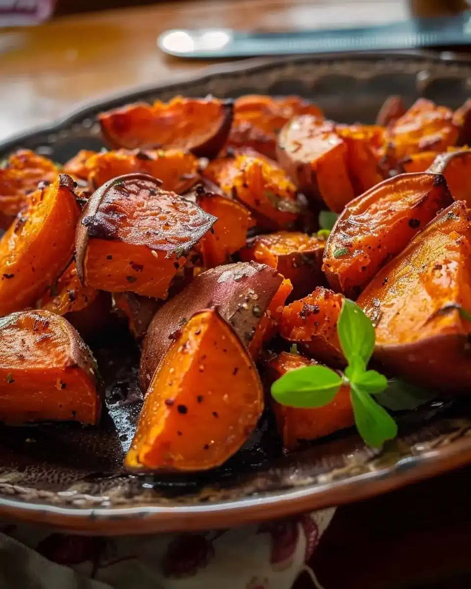Patate douce rôtie dorée et savoureuse, présentée sur une assiette.